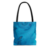 A beautiful Tote bag featuring a print of an abstract watercolour painting inspired by the ocean waves. Ocean Blue, White and gold. Boxed corners, 100% Polyester, Black lining, Black cotton handles. Available in small, Medium and Large.