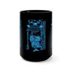 A black 15 oz mug featuring an ancient Japanese image of the Utsuro-bune, a round vessel (UFO) that was spotted on a Japanese Coast in 1803, with a very tall beautiful woman next to it. The Image has Japanese text written either side of it that describes the scene. Image is in bright blue, and printed on both sides on the mug.  www.ridethestyle.com