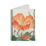 A stylish designed spiral notebook, featuring the beautiful image of Poppy flowers by Ohara Koson, 1877-1945). With an off white background, reddish orange poppy flowers and green leaves on the front cover, and black on the back cover. Perfect for Shopping lists, school/ college/ University notes, personal notes, making notes of ideas, to do lists and general note taking. 118 pages, ruled line paper and durable cover. Width 1.5 cm, Length 15.2 cm, Height 20.3 cm