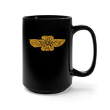 Sumerian Winged Disk, UFO Mug. A 15 oz black mug featuring an image of a Sumerian winged disc, an ancient Historical artefact.  Design is on both sides of the mug in a gold effect color.  www.ridethestyle.com