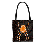 A fun Tote bag, with a black background featuring an Orange and white Spider on it's orange web (Image By Julie de Graag, 1981).  A multi-purpose and re-usable bag. Can be used as a Daytime Purse, shopping bag, Trick or treat bag, beach bag and so much more! Available in small, medium or large www.ridethestyle.com