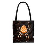 A fun Tote bag, with a black background featuring an Orange and white Spider on it's orange web (Image By Julie de Graag, 1981).  A multi-purpose and re-usable bag. Can be used as a Daytime Purse, shopping bag, Trick or treat bag, beach bag and so much more! Available in small, medium or large www.ridethestyle.com