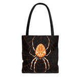 A fun Tote bag, with a black background featuring an Orange and white Spider on it's orange web (Image By Julie de Graag, 1981).  A multi-purpose and re-usable bag. Can be used as a Daytime Purse, shopping bag, Trick or treat bag, beach bag and so much more! Available in small, medium or large www.ridethestyle.com