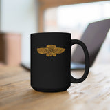 Sumerian Winged Disk, UFO Mug. A 15 oz black mug featuring an image of a Sumerian winged disc, an ancient Historical artefact.  Design is on both sides of the mug in a gold effect color.  www.ridethestyle.com