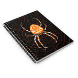 A fun designed spiral notebook, with a black background, featuring an Orange and white Spider on it's Orange Web on the front cover and black on the back cover (Image By Julie de Graag, 1981). Perfect for Shopping lists, school/ college/ University notes, personal notes, making notes of ideas, to do lists and general note taking. Consists of 118 pages in a spiral notebook with ruled line paper and durable cover with spider design. Width 1.5 cm, Length 15.2 cm, Height 20.3 cm