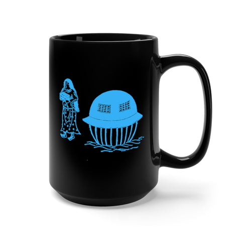 Utsuro-bune mug. A black 15 oz mug featuring an ancient Japanese image of the Utsuro-bune, a round vessel (UFO) that was spotted on a Japanese Coast in 1803, with a very tall beautiful woman next to it. Image is in bright blue, and printed on both sides on the mug.  www.ridethestyle.com