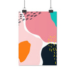 A stylish poster of a bright and colourful abstract design. Mixed shapes of Turquoise, Rose Pink, Light Pink, White, Black, Orange and Yellow. A high quality print that makes a great statement piece. Various sizes available. 8.3 x 11.7 inch (21.08 x 29.72 cm) , 11. 7 x 16. 5 inch (29.72 x 41.91 cm), 16.5 x 23.4 inch (41.91 x 59.44 cm)