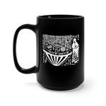 A black 15 oz mug featuring an ancient Japanese image of the Utsuro-bune, a round vessel (UFO) that was spotted on a Japanese Coast in 1803, with a very tall beautiful woman next to it. The Image has Japanese text above it that describes the scene. Image is white, and printed on both sides on the mug.  www.ridethestyle.com