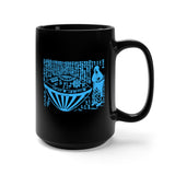 A black t15 oz mug featuring an ancient Japanese image of the Utsuro-bune, a round vessel (UFO) that was spotted on a Japanese Coast in 1803, with a very tall beautiful woman next to it. The Image has Japanese text above it that describes the scene. Image is in neon blue, and printed on both sides on the mug.  www.ridethestyle.com