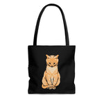 A fun and brightly coloured Tote bag. Featuring an image of an Orange cat on the front, and an orange mouse on the back of the bag. Background colour, handles and bag lining are black. (Cat Image by Julie de Graag, 1877-1924).  A multi-purpose and re-usable bag. Can be used as a Daytime Purse, shopping bag, Trick or treat bag, beach bag and so much more! Available in small, medium or large www.ridethestyle.com