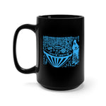 A black 15 oz mug featuring an ancient Japanese image of the Utsuro-bune, a round vessel (UFO) that was spotted on a Japanese Coast in 1803, with a very tall beautiful woman next to it. The Image has Japanese text above it that describes the scene. Image is in neon blue, and printed on both sides on the mug.  www.ridethestyle.com