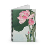  A stylish designed spiral notebook, featuring the beautiful image of 'Blooming Lotus flowers' by Ohara Koson, 1877-1945). With a pale blue water background, pink Lotus flowers and green leaves on the front cover, and black on the back cover. Perfect for Shopping lists, school/ college/ University notes, personal notes, making notes of ideas, to do lists and general note taking. 118 pages, ruled line paper and durable cover with Lotus art design. Width 1.5 cm, Length 15.2 cm, Height 20.3 cm