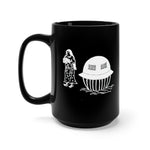 Utsuro-bune mug. A black 15 oz mug featuring an ancient Japanese image of the Utsuro-bune, a round vessel (UFO) that was spotted on a Japanese Coast in 1803, with a very tall beautiful woman next to it. Image is in white, and printed on both sides on the mug.  www.ridethestyle.com