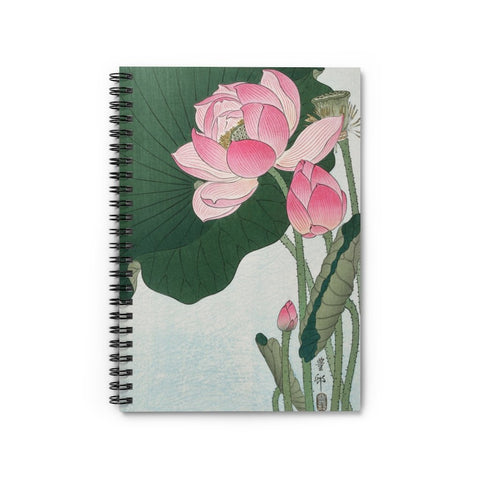  A stylish designed spiral notebook, featuring the beautiful image of 'Blooming Lotus flowers' by Ohara Koson, 1877-1945). With a pale blue water background, pink Lotus flowers and green leaves on the front cover, and black on the back cover. Perfect for Shopping lists, school/ college/ University notes, personal notes, making notes of ideas, to do lists and general note taking. 118 pages, ruled line paper and durable cover with Lotus design. Width 1.5 cm, Length 15.2 cm, Height 20.3 cm