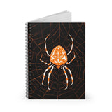 A fun designed spiral notebook, with a black background, featuring an Orange and white Spider on it's Orange Web on the front cover and black on the back cover (Image By Julie de Graag, 1981). Perfect for Shopping lists, school/ college/ University notes, personal notes, making notes of ideas, to do lists and general note taking. Consists of 118 pages in a spiral notebook with ruled line paper and durable cover with spider design. Width 1.5 cm, Length 15.2 cm, Height 20.3 cm