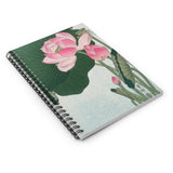  A stylish designed spiral notebook, featuring the beautiful image of 'Blooming Lotus flowers' by Ohara Koson, 1877-1945). With a pale blue water background, pink Lotus flowers and green leaves on the front cover, and black on the back cover. Perfect for Shopping lists, school/ college/ University notes, personal notes, making notes of ideas, to do lists and general note taking. 118 pages, ruled line paper and durable cover with Lotus art design. Width 1.5 cm, Length 15.2 cm, Height 20.3 cm