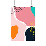 A stylish poster of a bright and colourful abstract design. Mixed shapes of Turquoise, Rose Pink, Light Pink, White, Black, Orange and Yellow. A high quality print that makes a great statement piece. Various sizes available. 8.3 x 11.7 inch (21.08 x 29.72 cm) , 11. 7 x 16. 5 inch (29.72 x 41.91 cm), 16.5 x 23.4 inch (41.91 x 59.44 cm)