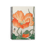 A stylish designed spiral notebook, featuring the beautiful image of Poppy flowers by Ohara Koson, 1877-1945). With an off white background, reddish orange poppy flowers and green leaves on the front cover, and black on the back cover. Perfect for Shopping lists, school/ college/ University notes, personal notes, making notes of ideas, to do lists and general note taking. 118 pages, ruled line paper and durable cover. Width 1.5 cm, Length 15.2 cm, Height 20.3 cm