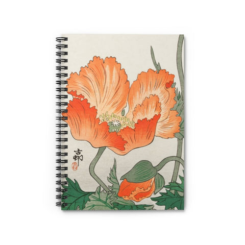 A stylish designed spiral notebook, featuring the beautiful image of Poppy flowers by Ohara Koson, 1877-1945). With an off white background, reddish orange poppy flowers and green leaves on the front cover, and black on the back cover. Perfect for Shopping lists, school/ college/ University notes, personal notes, making notes of ideas, to do lists and general note taking. 118 pages, ruled line paper and durable cover. Width 1.5 cm, Length 15.2 cm, Height 20.3 cm