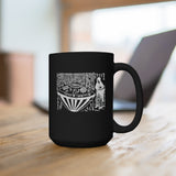 A black 15 oz mug featuring an ancient Japanese image of the Utsuro-bune, a round vessel (UFO) that was spotted on a Japanese Coast in 1803, with a very tall beautiful woman next to it. The Image has Japanese text above it that describes the scene. Image is white, and printed on both sides on the mug.  www.ridethestyle.com