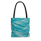 A fun Tote bag featuring an illustration of an Orange Octopus in an image of the crystal blue Ocean. Boxed corners, 100% Polyester, Black lining, Black cotton handles. Available in small, Medium and Large. Image of back of bag.