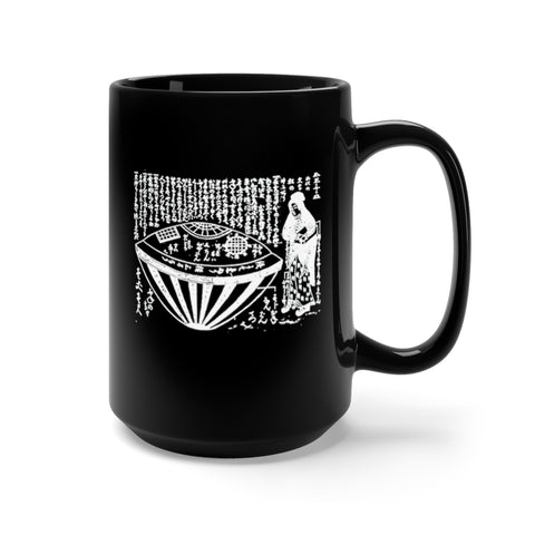 A black 15 oz mug featuring an ancient Japanese image of the Utsuro-bune, a round vessel (UFO) that was spotted on a Japanese Coast in 1803, with a very tall beautiful woman next to it. The Image has Japanese text above it that describes the scene. Image is white, and printed on both sides on the mug.  www.ridethestyle.com