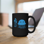 Utsuro-bune mug. A black 15 oz mug featuring an ancient Japanese image of the Utsuro-bune, a round vessel (UFO) that was spotted on a Japanese Coast in 1803, with a very tall beautiful woman next to it. Image is in bright blue, and printed on both sides on the mug.  www.ridethestyle.com