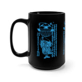 A black 15 oz mug featuring an ancient Japanese image of the Utsuro-bune, a round vessel (UFO) that was spotted on a Japanese Coast in 1803, with a very tall beautiful woman next to it. The Image has Japanese text written either side of it that describes the scene. Image is in bright blue, and printed on both sides on the mug.  www.ridethestyle.com