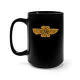 Sumerian Winged Disk, UFO Mug. A 15 oz black mug featuring an image of a Sumerian winged disc, an ancient Historical artefact.  Design is on both sides of the mug in a gold effect color.  www.ridethestyle.com