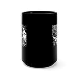 A black 15 oz mug featuring an ancient Japanese image of the Utsuro-bune, a round vessel (UFO) that was spotted on a Japanese Coast in 1803, with a very tall beautiful woman next to it. The Image has Japanese text above it that describes the scene. Image is white, and printed on both sides on the mug.  www.ridethestyle.com