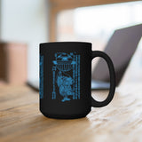 A black 15 oz mug featuring an ancient Japanese image of the Utsuro-bune, a round vessel (UFO) that was spotted on a Japanese Coast in 1803, with a very tall beautiful woman next to it. The Image has Japanese text written either side of it that describes the scene. Image is in bright blue, and printed on both sides on the mug.  www.ridethestyle.com