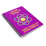 A fun Science themed notebook featuring a cute cartoon atom, with text reading  'Never Trust An Atom, they make up everything!' Background color is bright purple, on the front and black on the back of the notebook. A useful notebook for Shopping lists, school/ college/ University notes, personal notes, making notes of ideas, to do lists and general note taking.   www.ridethestyle.com