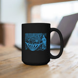 A black 15 oz mug featuring an ancient Japanese image of the Utsuro-bune, a round vessel (UFO) that was spotted on a Japanese Coast in 1803, with a very tall beautiful woman next to it. The Image has Japanese text above it that describes the scene. Image is in neon blue, and printed on both sides on the mug.  www.ridethestyle.com