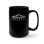 UFO Cave Painting 15 oz Mug. A black mug featuring an image of a UFO with two lines of orb balls underneath it.  The image is from a cave painting dating back thousands of years, depicting what experts believe is an ancient UFO sighting.   Design is printed in white, on both sides of the mug. www.ridethestyle.com