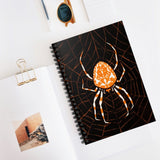 A fun designed spiral notebook, with a black background, featuring an Orange and white Spider on it's Orange Web on the front cover and black on the back cover (Image By Julie de Graag, 1981). Perfect for Shopping lists, school/ college/ University notes, personal notes, making notes of ideas, to do lists and general note taking. Consists of 118 pages in a spiral notebook with ruled line paper and durable cover with spider design. Width 1.5 cm, Length 15.2 cm, Height 20.3 cm