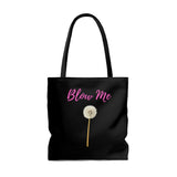 A fun Tote bag in black, featuring an image of a dandelion with 'Blow Me' written in bright pink above it. A multi-purpose and re-usable bag. Can be used as a Daytime Purse, shopping bag, Gym bag, beach bag and so much more! Available in small, medium or large www.ridethestyle.com