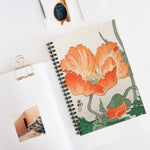 A stylish designed spiral notebook, featuring the beautiful image of Poppy flowers by Ohara Koson, 1877-1945). With an off white background, reddish orange poppy flowers and green leaves on the front cover, and black on the back cover. Perfect for Shopping lists, school/ college/ University notes, personal notes, making notes of ideas, to do lists and general note taking. 118 pages, ruled line paper and durable cover. Width 1.5 cm, Length 15.2 cm, Height 20.3 cm