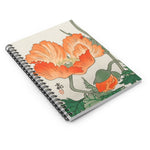 A stylish designed spiral notebook, featuring the beautiful image of Poppy flowers by Ohara Koson, 1877-1945). With an off white background, reddish orange poppy flowers and green leaves on the front cover, and black on the back cover. Perfect for Shopping lists, school/ college/ University notes, personal notes, making notes of ideas, to do lists and general note taking. 118 pages, ruled line paper and durable cover. Width 1.5 cm, Length 15.2 cm, Height 20.3 cm