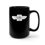 Sumerian Winged Disk, UFO Mug. A 15 oz black mug featuring an image of a Sumerian winged disc, an ancient Historical artefact.  Design is printed on both sides of the mug in white.  www.ridethestyle.com