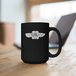 Sumerian Winged Disk, UFO Mug. A 15 oz black mug featuring an image of a Sumerian winged disc, an ancient Historical artefact.  Design is printed on both sides of the mug in white.  www.ridethestyle.com