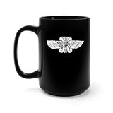 Sumerian Winged Disk, UFO Mug. A 15 oz black mug featuring an image of a Sumerian winged disc, an ancient Historical artefact.  Design is printed on both sides of the mug in white.  www.ridethestyle.com