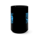 A black 15 oz mug featuring an ancient Japanese image of the Utsuro-bune, a round vessel (UFO) that was spotted on a Japanese Coast in 1803, with a very tall beautiful woman next to it. The Image has Japanese text above it that describes the scene. Image is in neon blue, and printed on both sides on the mug.  www.ridethestyle.com