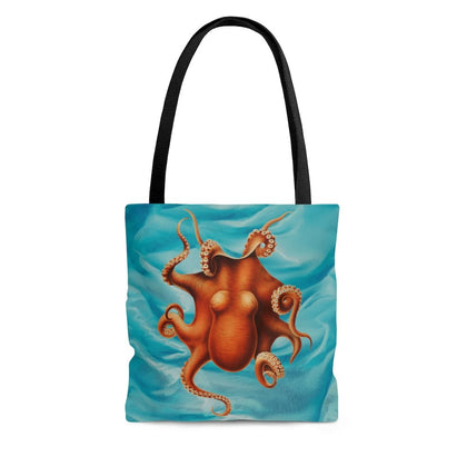 A fun Tote bag featuring an illustration of an Orange Octopus (octopus on front only) in an image of the crystal blue Ocean( ocean on front and back). Boxed corners, 100% Polyester, Black lining, Black cotton handles. Available in small, Medium and Large. Image of Front of Bag