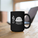 Utsuro-bune mug. A black 15 oz mug featuring an ancient Japanese image of the Utsuro-bune, a round vessel (UFO) that was spotted on a Japanese Coast in 1803, with a very tall beautiful woman next to it. Image is in white, and printed on both sides on the mug.  www.ridethestyle.com