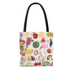 A fun and brightly coloured Tote bag. Featuring a tropical fruits pattern (watermelon, oranges, apples, kiwis, Dragon fruit, tropical leaves) with Pink Flamingo's and a Toucan bird ,on a cream colored background. Black handles and lining. Pattern is on both the front and back of the bag. Boxed corners, 100% Polyester, Black lining, Black cotton handles. Available in small, Medium and Large. www.ridethestyle.com