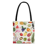 A fun and brightly coloured Tote bag. Featuring a tropical fruits pattern (watermelon, oranges, apples, kiwis, Dragon fruit, tropical leaves) with Pink Flamingo's and a Toucan bird ,on a cream colored background. Black handles and lining. Pattern is on both the front and back of the bag. Boxed corners, 100% Polyester, Black lining, Black cotton handles. Available in small, Medium and Large. www.ridethestyle.com