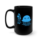 Utsuro-bune mug. A black 15 oz mug featuring an ancient Japanese image of the Utsuro-bune, a round vessel (UFO) that was spotted on a Japanese Coast in 1803, with a very tall beautiful woman next to it. Image is in bright blue, and printed on both sides on the mug.  www.ridethestyle.com