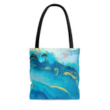 A beautiful Tote bag featuring a print of an abstract watercolour painting inspired by the ocean waves. Ocean Blue, White and gold. Boxed corners, 100% Polyester, Black lining, Black cotton handles. Available in small, Medium and Large.