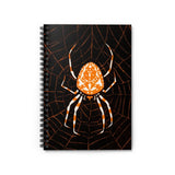 A fun designed spiral notebook, with a black background, featuring an Orange and white Spider on it's Orange Web on the front cover and black on the back cover (Image By Julie de Graag, 1981). Perfect for Shopping lists, school/ college/ University notes, personal notes, making notes of ideas, to do lists and general note taking. Consists of 118 pages in a spiral notebook with ruled line paper and durable cover with spider design. Width 1.5 cm, Length 15.2 cm, Height 20.3 cm