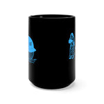 Utsuro-bune mug. A black 15 oz mug featuring an ancient Japanese image of the Utsuro-bune, a round vessel (UFO) that was spotted on a Japanese Coast in 1803, with a very tall beautiful woman next to it. Image is in bright blue, and printed on both sides on the mug.  www.ridethestyle.com